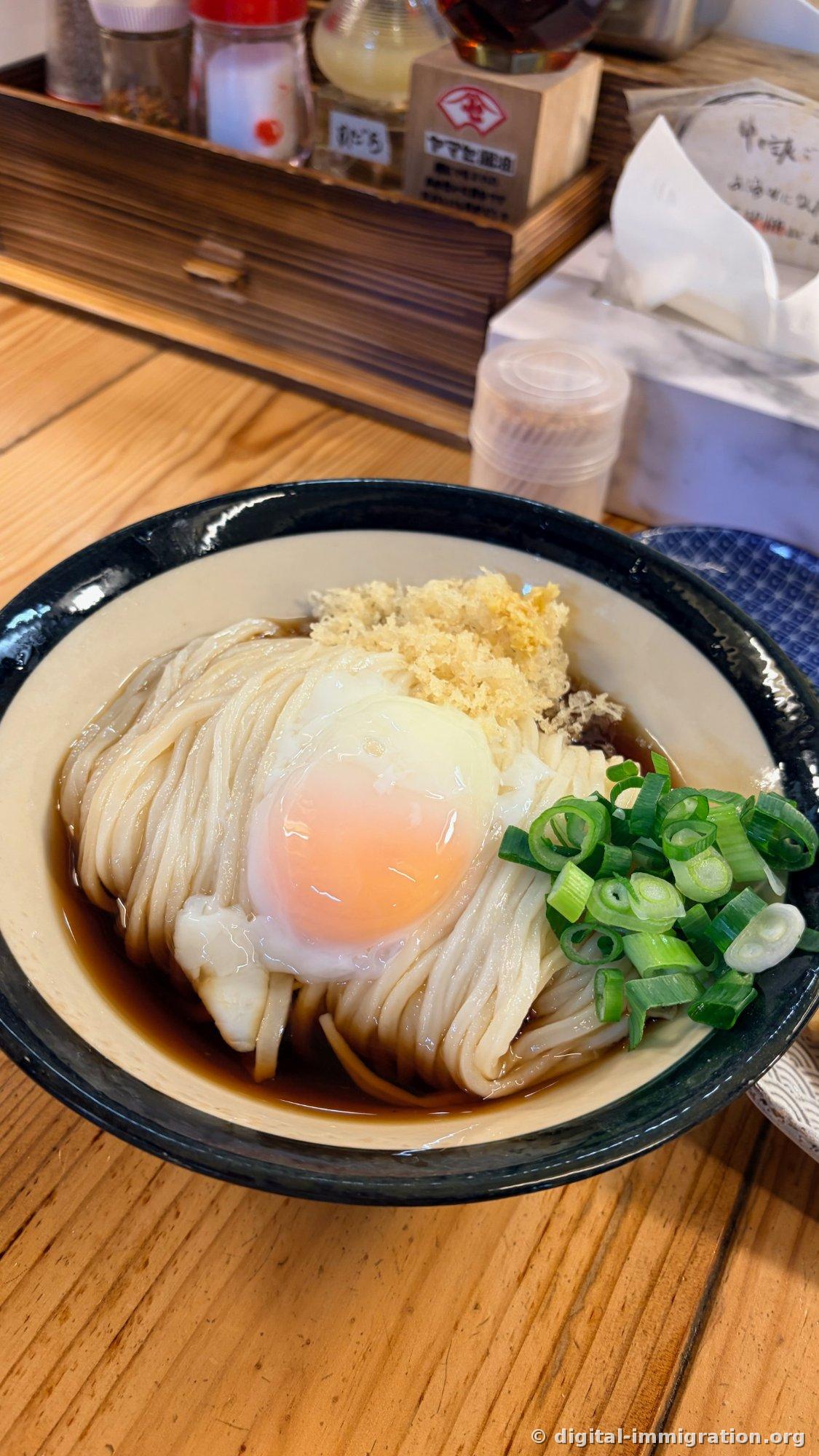 カウンター上から見下ろしたぶっかけうどん一杯。奥の木製トレーに七味、すだち、ヤマサ醤油の瓶が置かれている