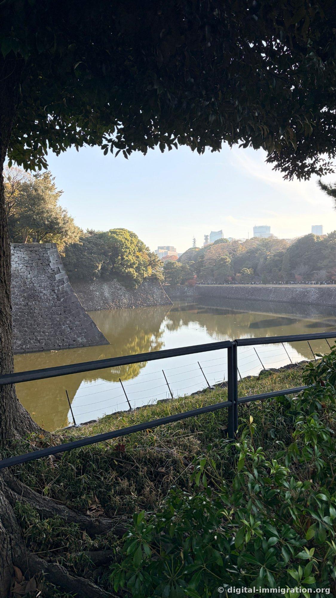 Sous l'ombre des arbres, la vue plongeante sur la douve avec le mur en pierre formant un angle droit, et des gens en file lointaine sur l'autre rive