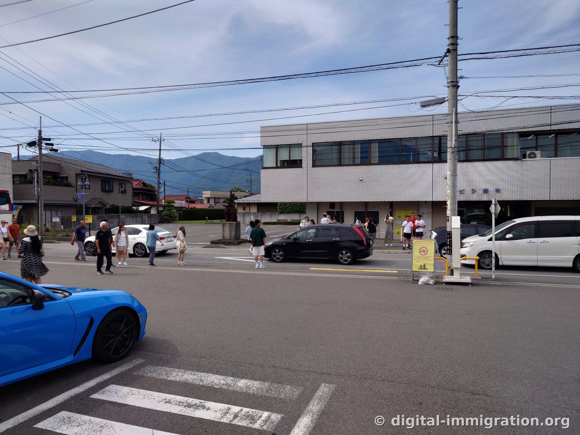 Dozens of tourists stand crowded on both sides of the road with cameras, with yellow warning signs posted on the sidewalk between passing vehicles