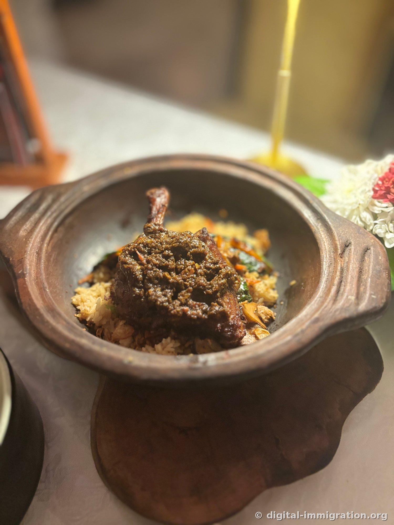 A duck leg cooked in dark spiced sauce over rice in a rustic clay pot