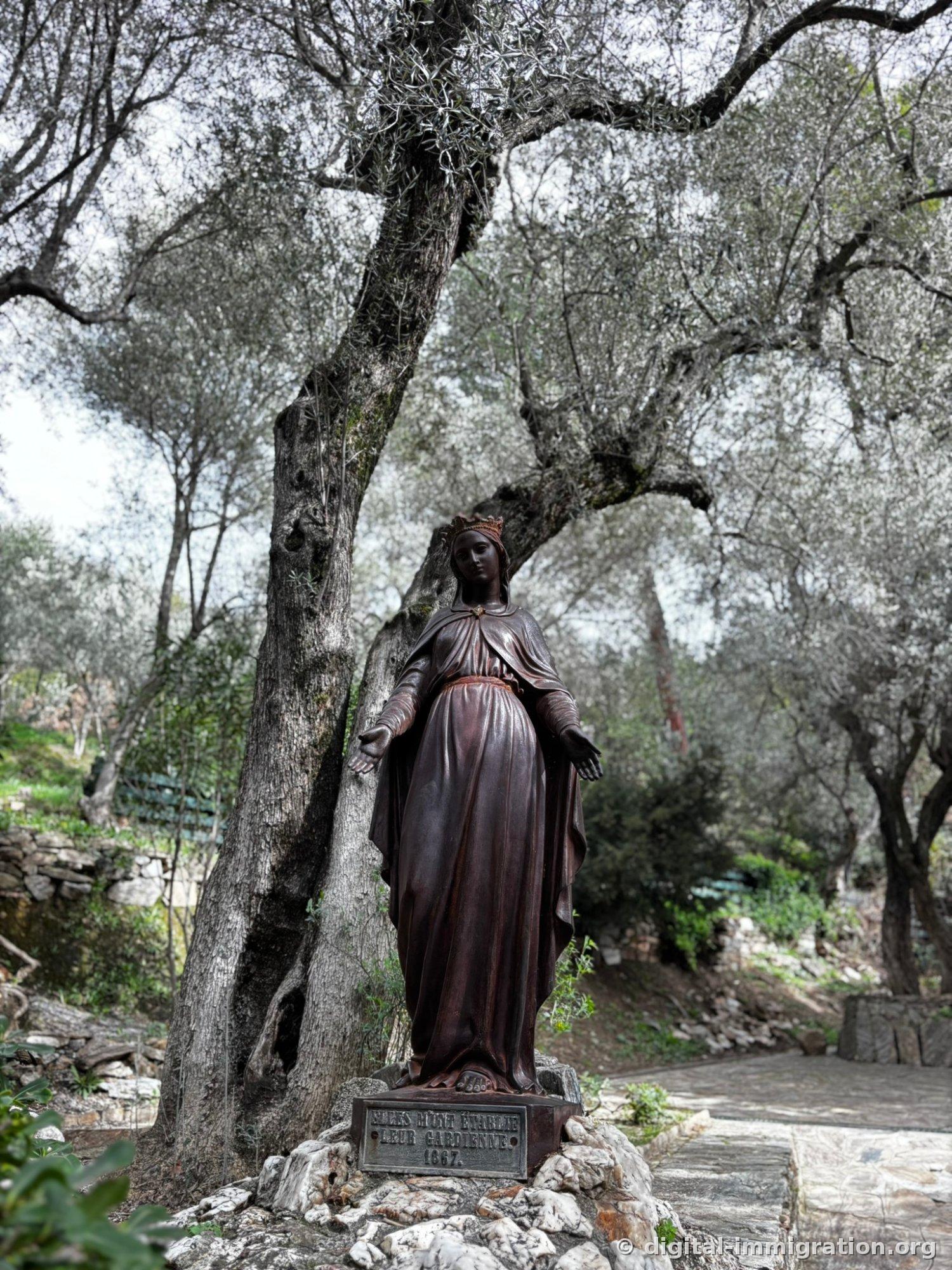 A dark reddish-bronze statue of Mary stands with both arms outstretched under an old olive tree with silvery leaves, with the number 1867 visible on the base plaque