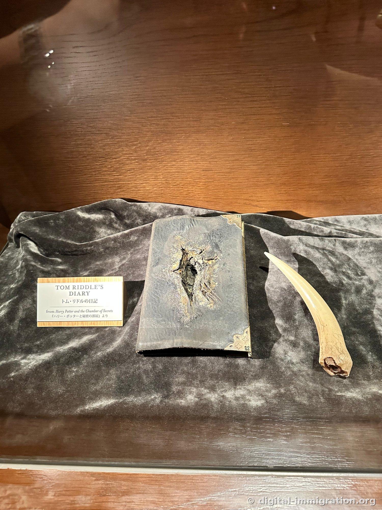 A blackened diary with a punctured center and a white basilisk fang on gray velvet, with the nameplate TOM RIDDLE'S DIARY
