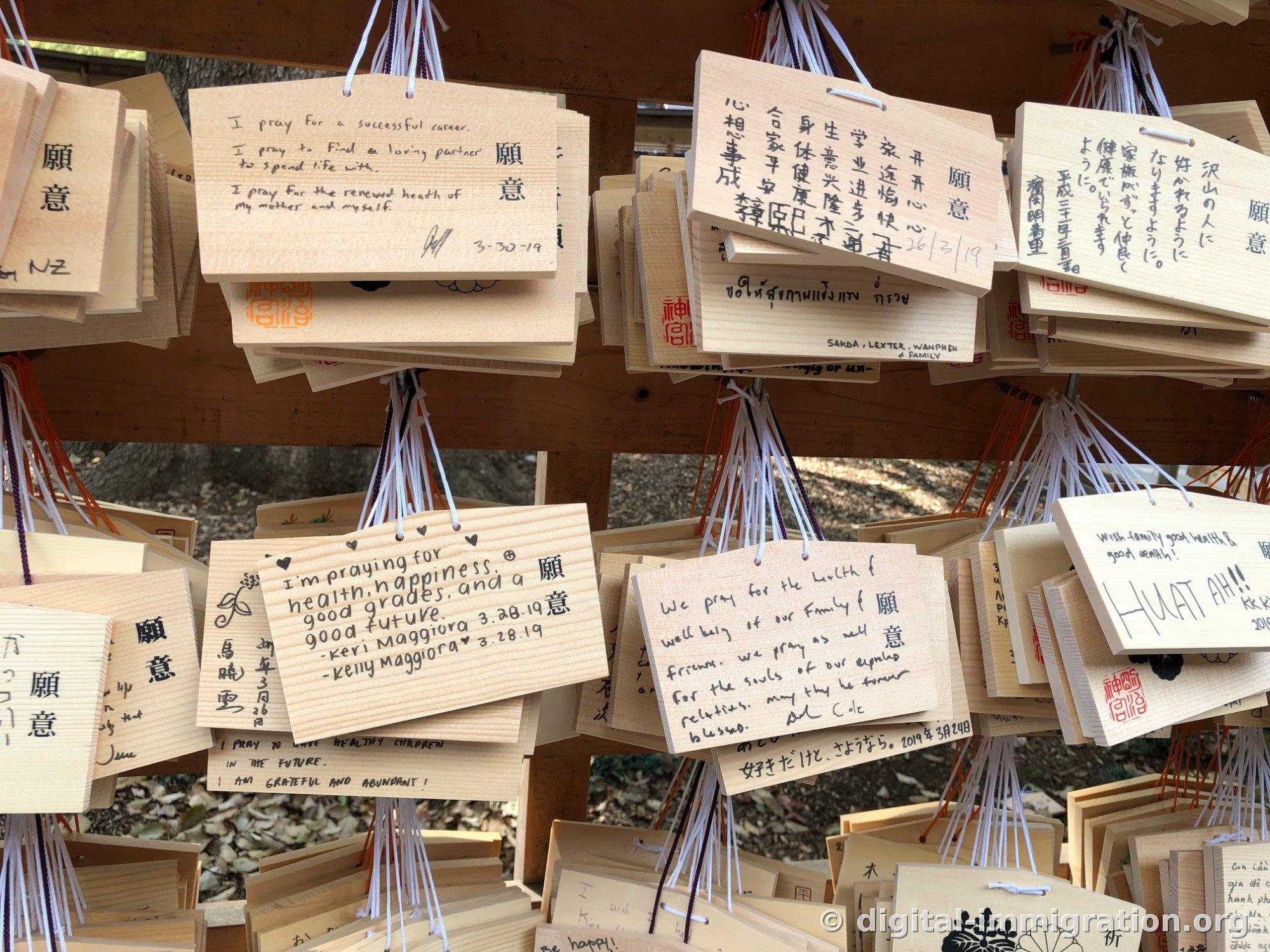 여러 언어로 소원이 적혀 빽빽하게 걸린 나무 에마 판들과 붉은 신궁 도장