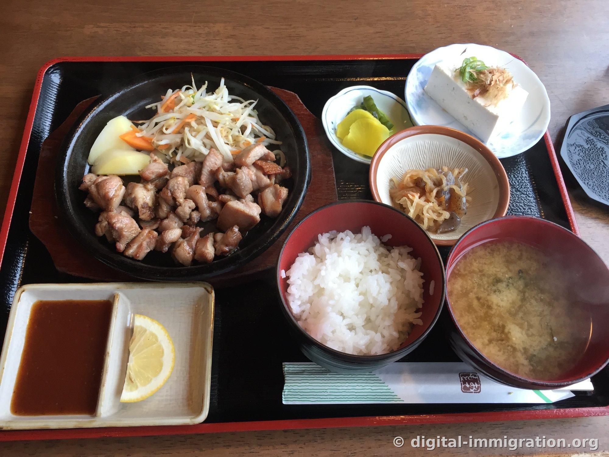 Un plateau de teishoku complet avec poulet grillé sur plaque, germes de soja sautés, tofu froid, daikon mariné, sauce, riz blanc et soupe miso