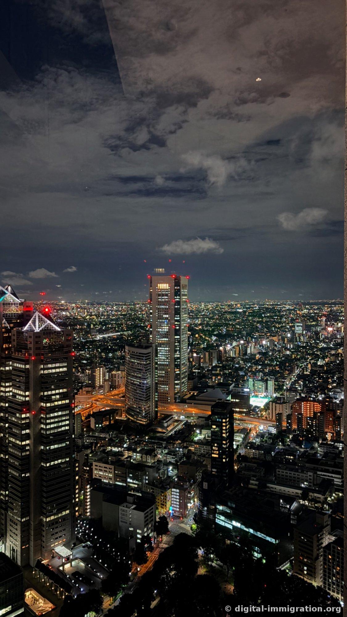 Vue des gratte-ciel de Nishi-Shinjuku depuis la vitre ouest et les lumières de la banlieue résidentielle s'étendant jusqu'à l'horizon
