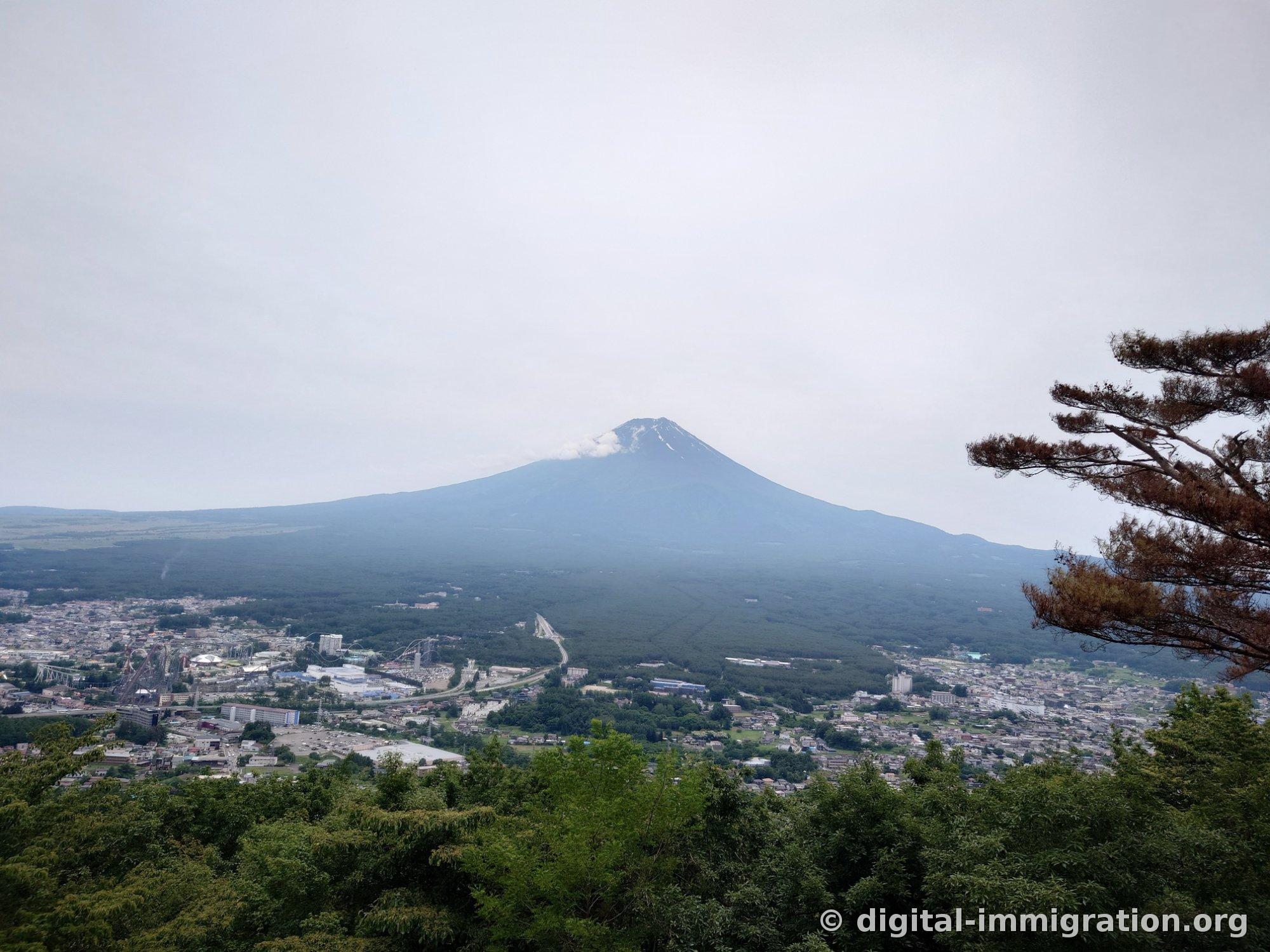 Mount Fuji with only the ridge faintly visible under a gray sky and Fujiyoshida town below, green branches in the foreground
