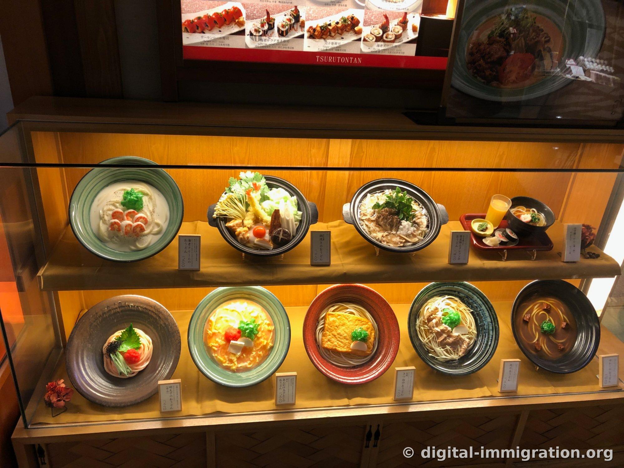 Food models including shrimp cream udon, nabeyaki udon, cod roe udon, and fried tofu udon are displayed on two tiers of a glass case with price tags