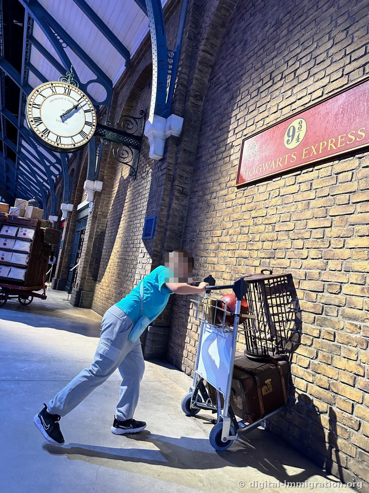 A child pushing a cart laden with trunks and owl cages into a brick wall, below a red Platform 9¾ sign