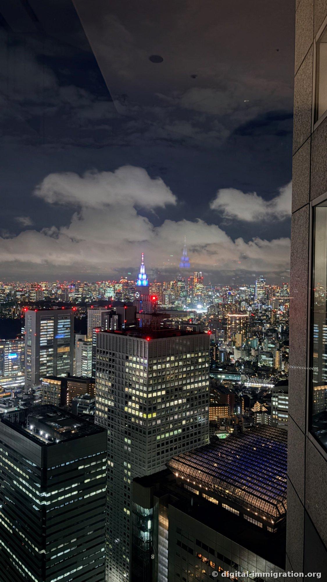 Vue nocturne de Shinjuku à l'est photographiée en format vertical, avec la tour docomo bleue et une tour brillante en violet au loin à droite