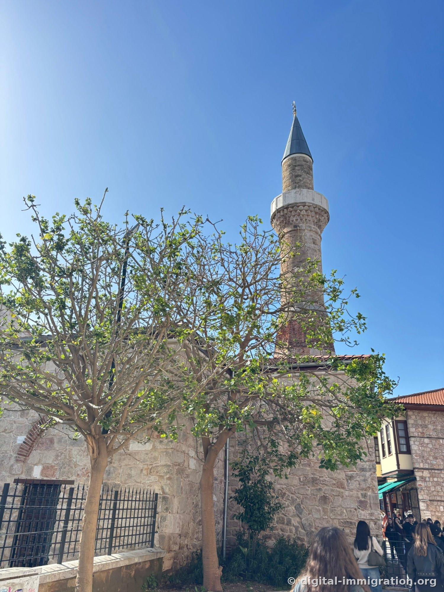 A stone minaret with a gray conical roof under a blue sky and honeycomb-shaped muqarnas decoration below the balcony, two budding trees in front and a stone wall with iron bars.