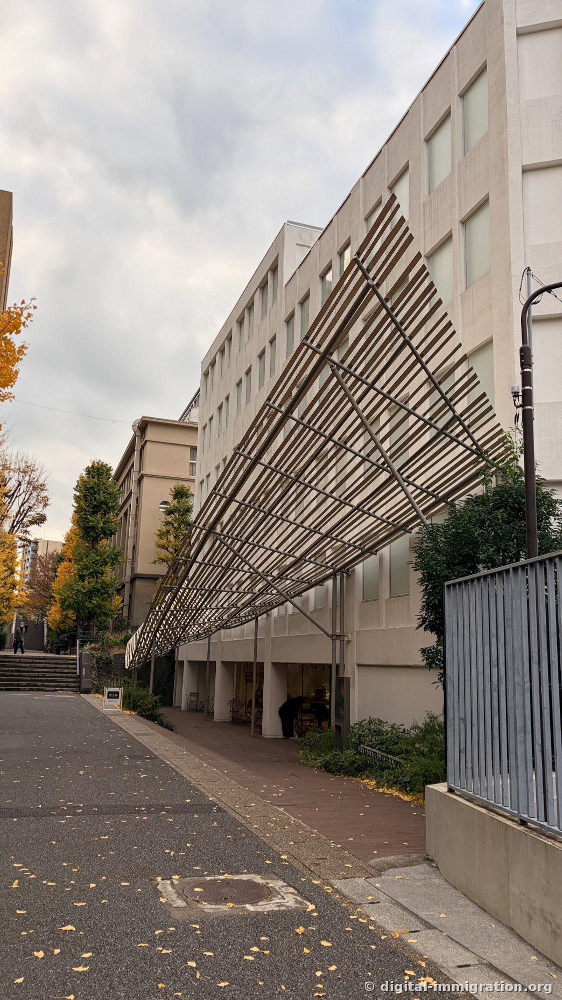 沿着白色建筑墙面斜向伸出的木条天篷结构
