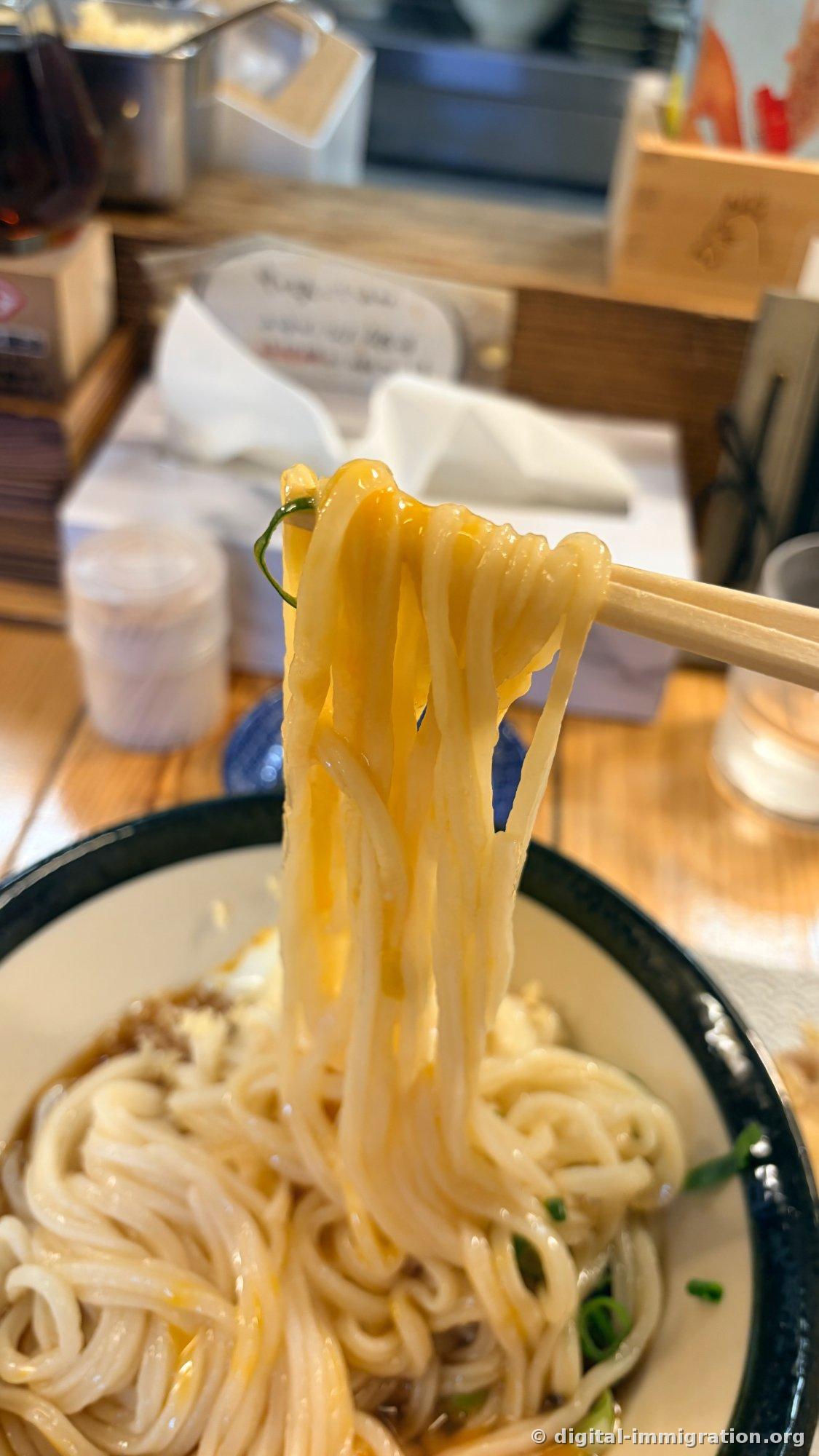 箸で持ち上げたうどん麺。卵黄が絡んで黄色くコーティングされた太い麺が丼の上にぶら下がっている