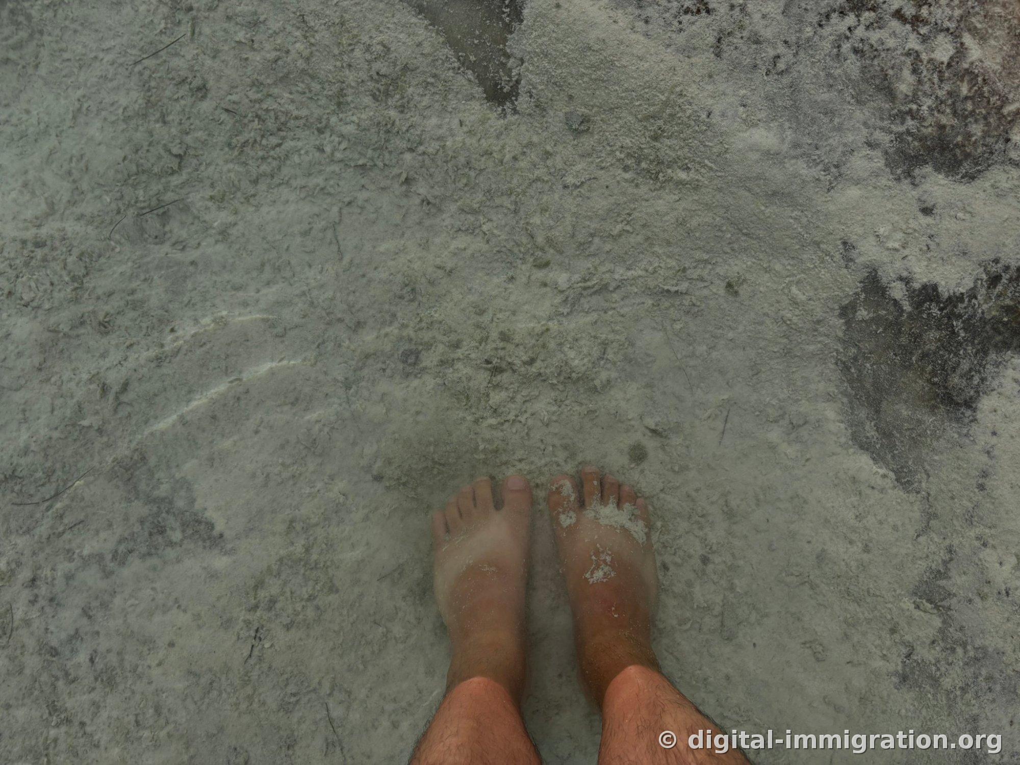 A person standing barefoot in shallow limestone travertine water up to the ankle, with white limestone particles stuck on their toes