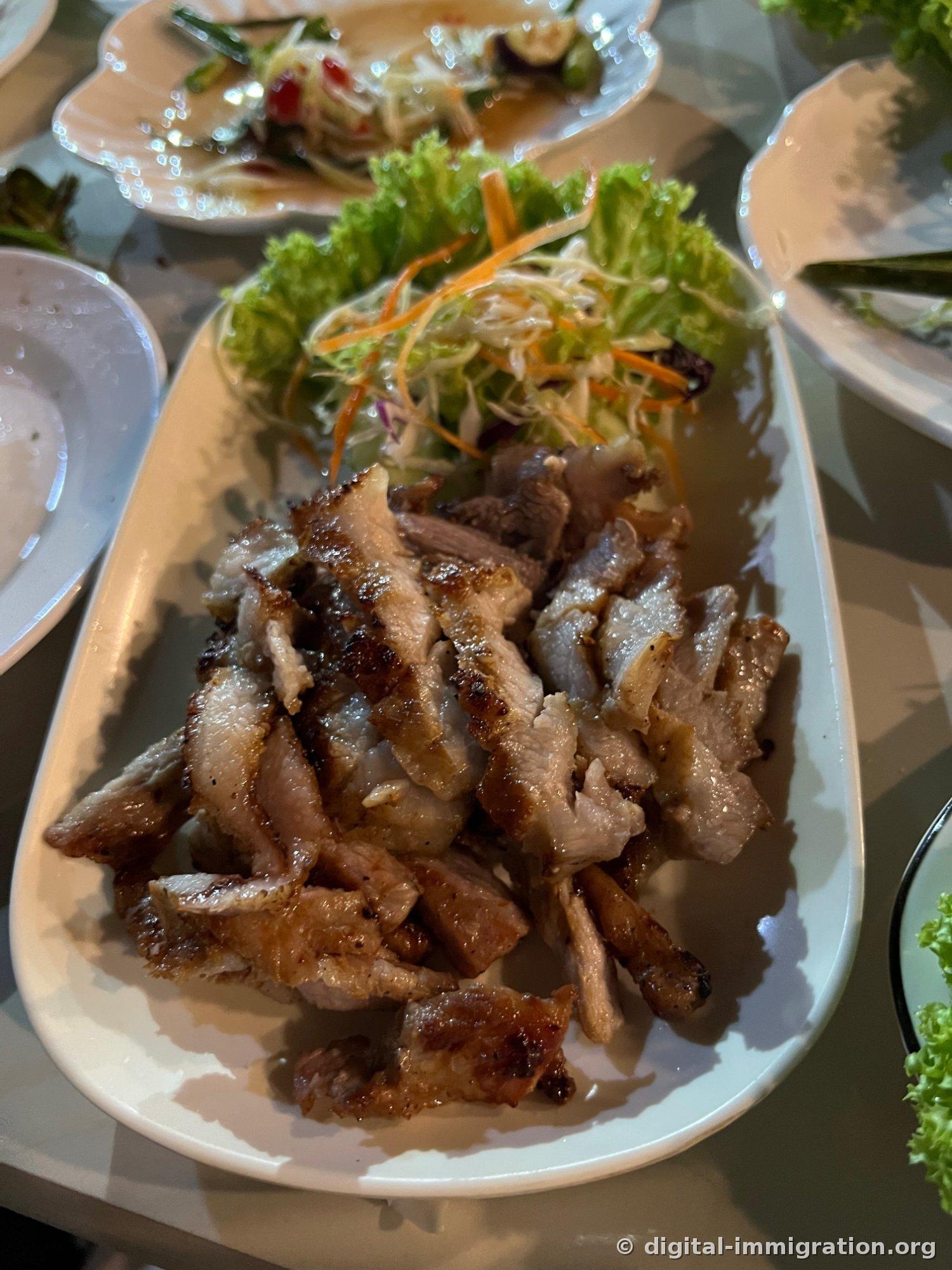 从不同角度拍摄的同一盘猪肉烤盘，烤痕清晰的肉块和切丝的卷心菜沙拉