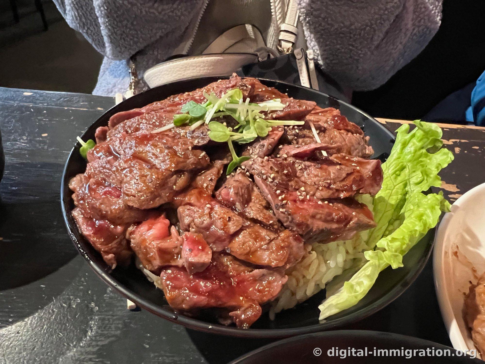 Steak donburi servi dans un bol noir avec du steak tranché épais empilé en couches et garni de radis frais et de poivre, accompagné de laitue sur le côté