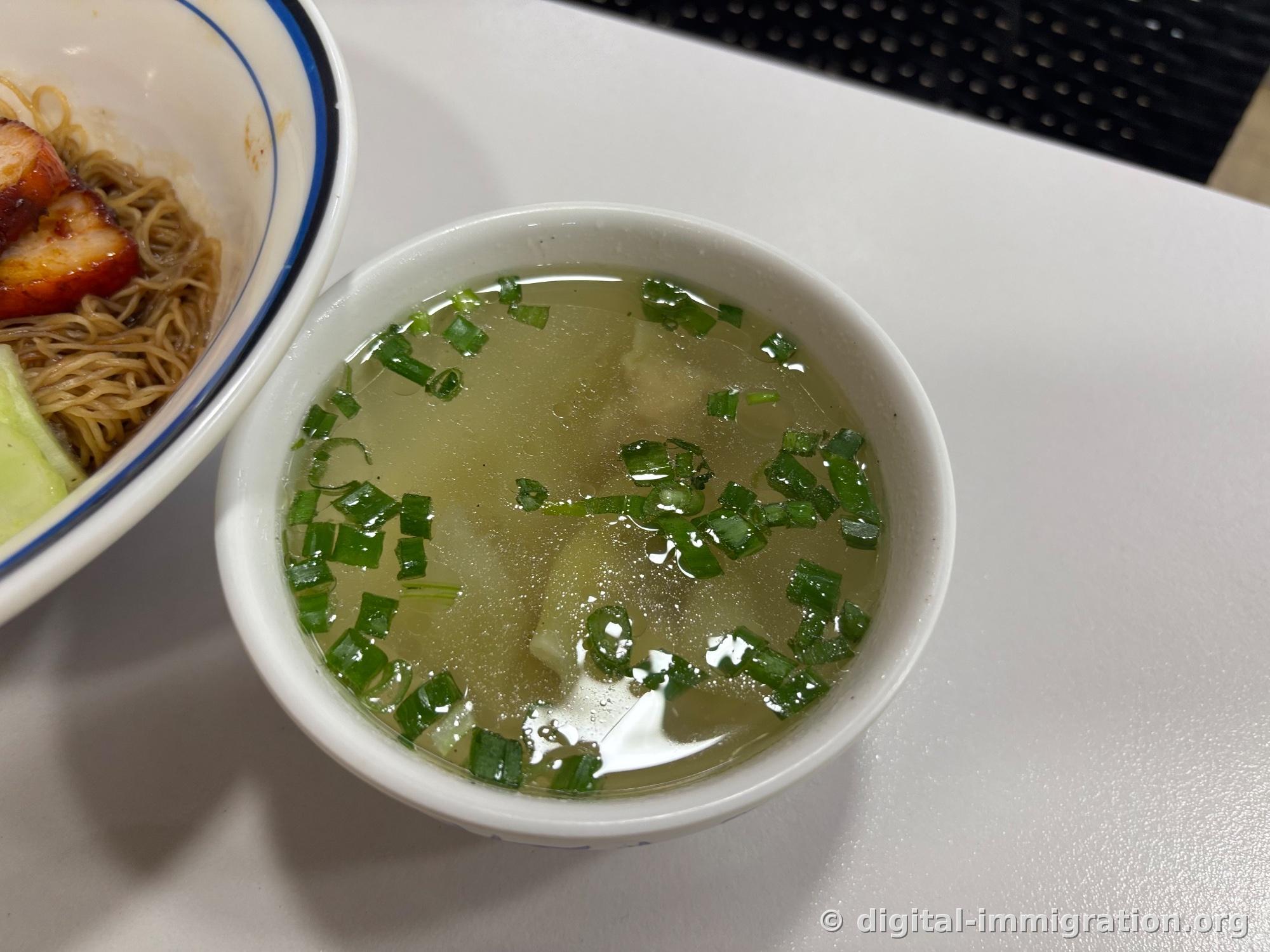 A small bowl of clear wonton broth with scallions scattered on top. Part of the wonton noodle bowl is visible on the left