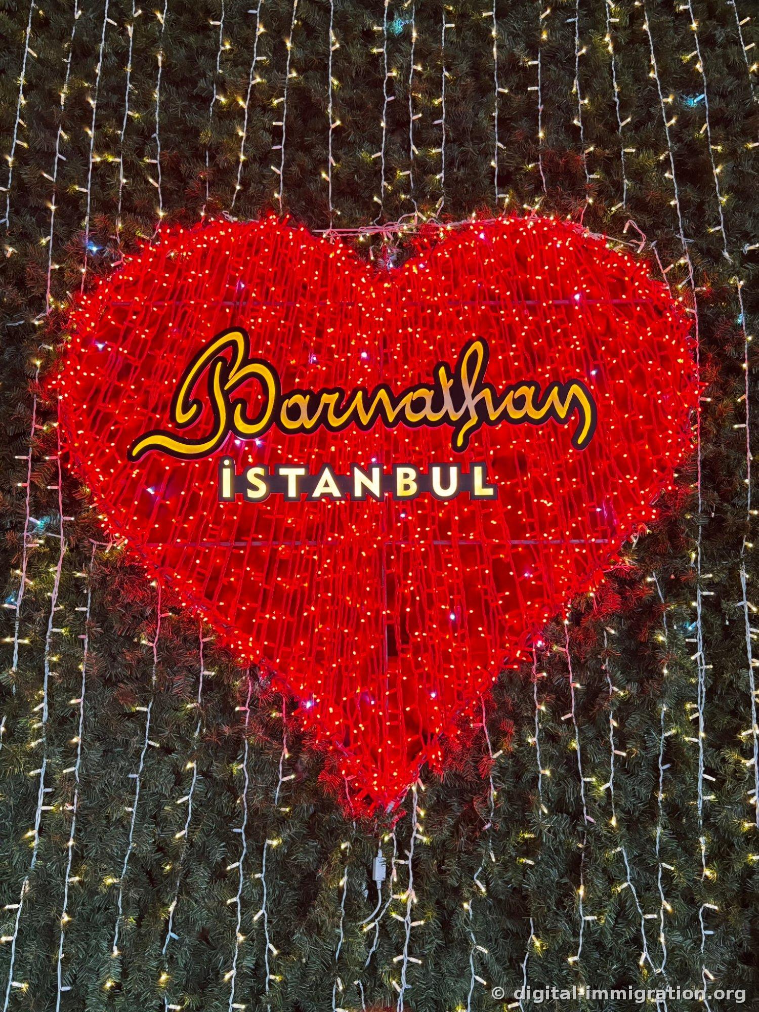 전구를 늘어뜨린 침엽수 벽 앞에 붉은 하트 조명 조형이 있고 그 안에 'Barnathan İSTANBUL' 글자가 노랗게 빛난다