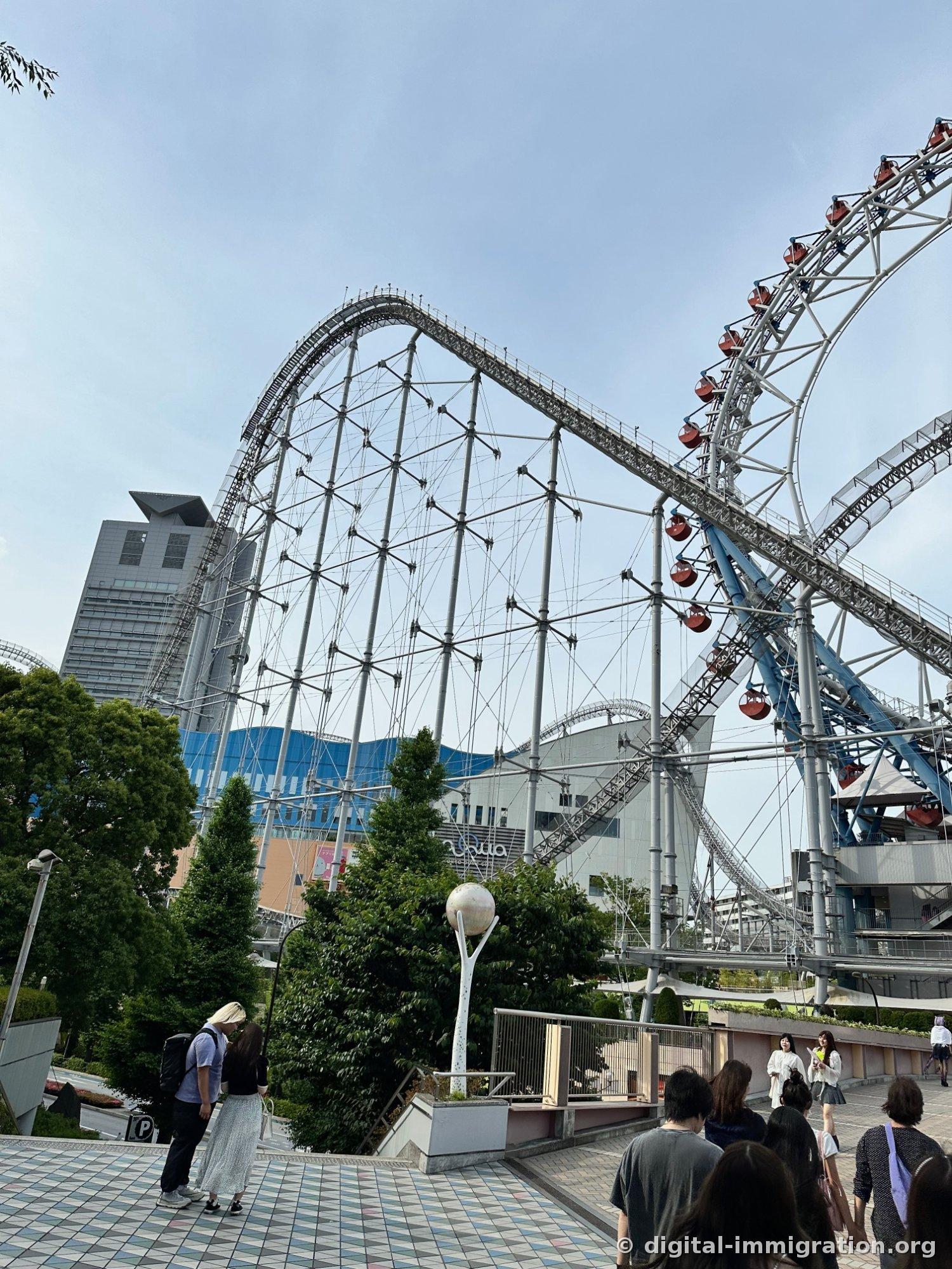Vue de bas en haut des rails escarpés du manège à sensations Thunder Dolphin et de la grande roue Big O avec ses nacelles rouges, avec des gens marchant sur le trottoir en dessous