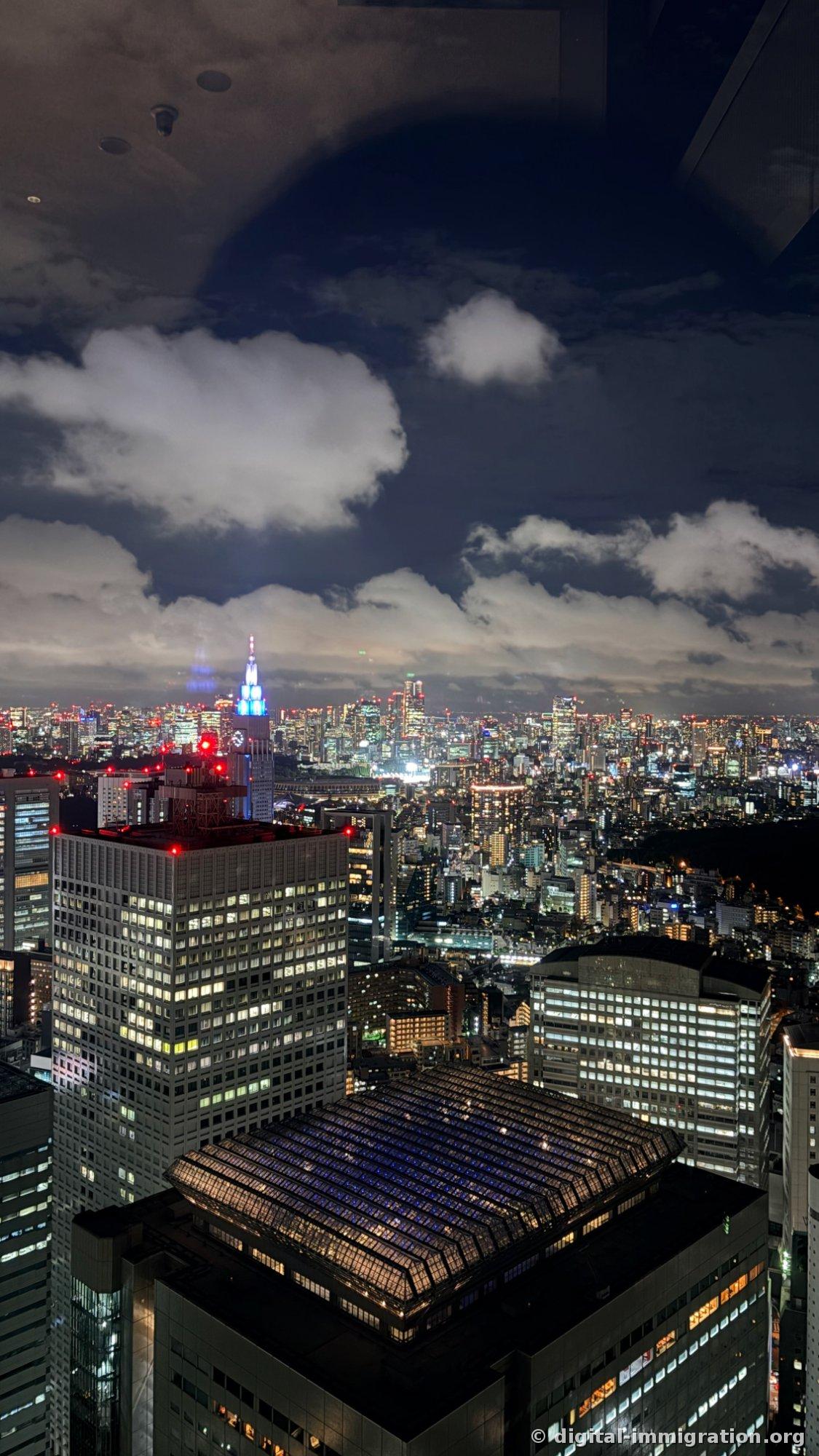 Vue en plongée de la gare de Shinjuku avec le toit en verre bleu illuminé et la tour docomo