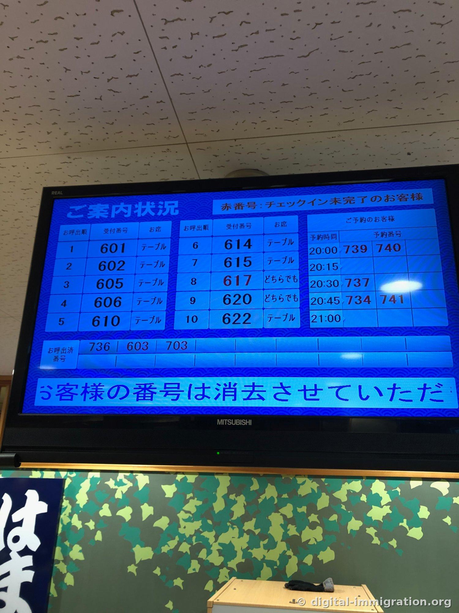 Un écran de statut d'annonce avec un fond bleu est affiché sur un moniteur Mitsubishi suspendu au plafond, avec les numéros de réservation de 601 à 622 et les numéros de réservation de 20h organisés dans un tableau