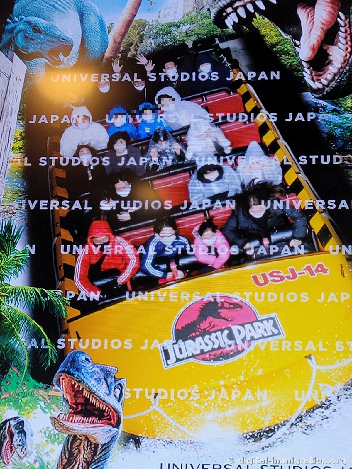 Jurassic Park ride commemorative photo of boat USJ-14 during the steep drop displayed on exit monitor
