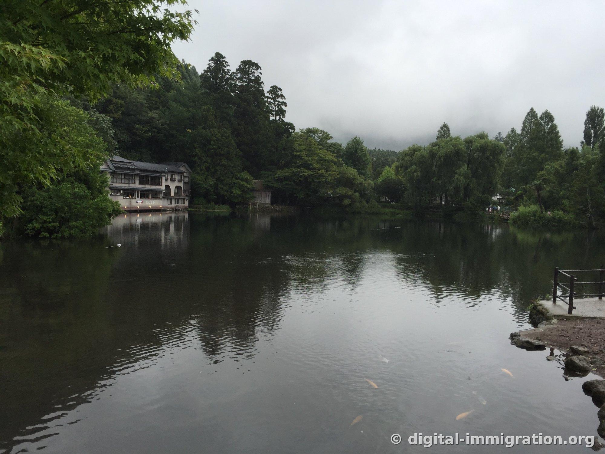 Le lac Kinrin calme sous la pluie avec un café au bord de l'eau à gauche et des carpes rouges dans l'eau