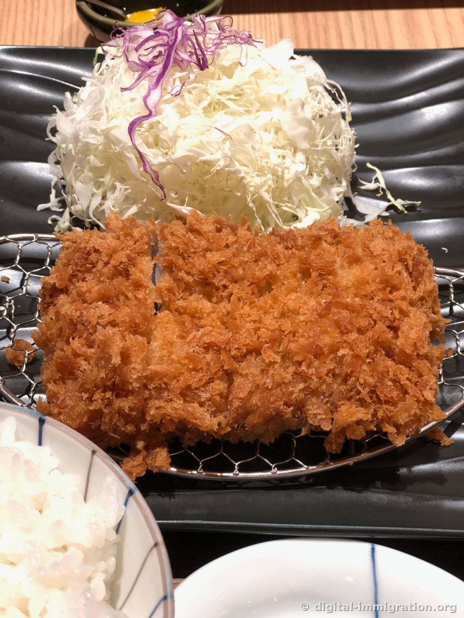 Ros Katsu épais sur une grille métallique posée sur une assiette noire, avec une montagne de chou finement tranché derrière lui et quelques brins de chou rouge sur le dessus