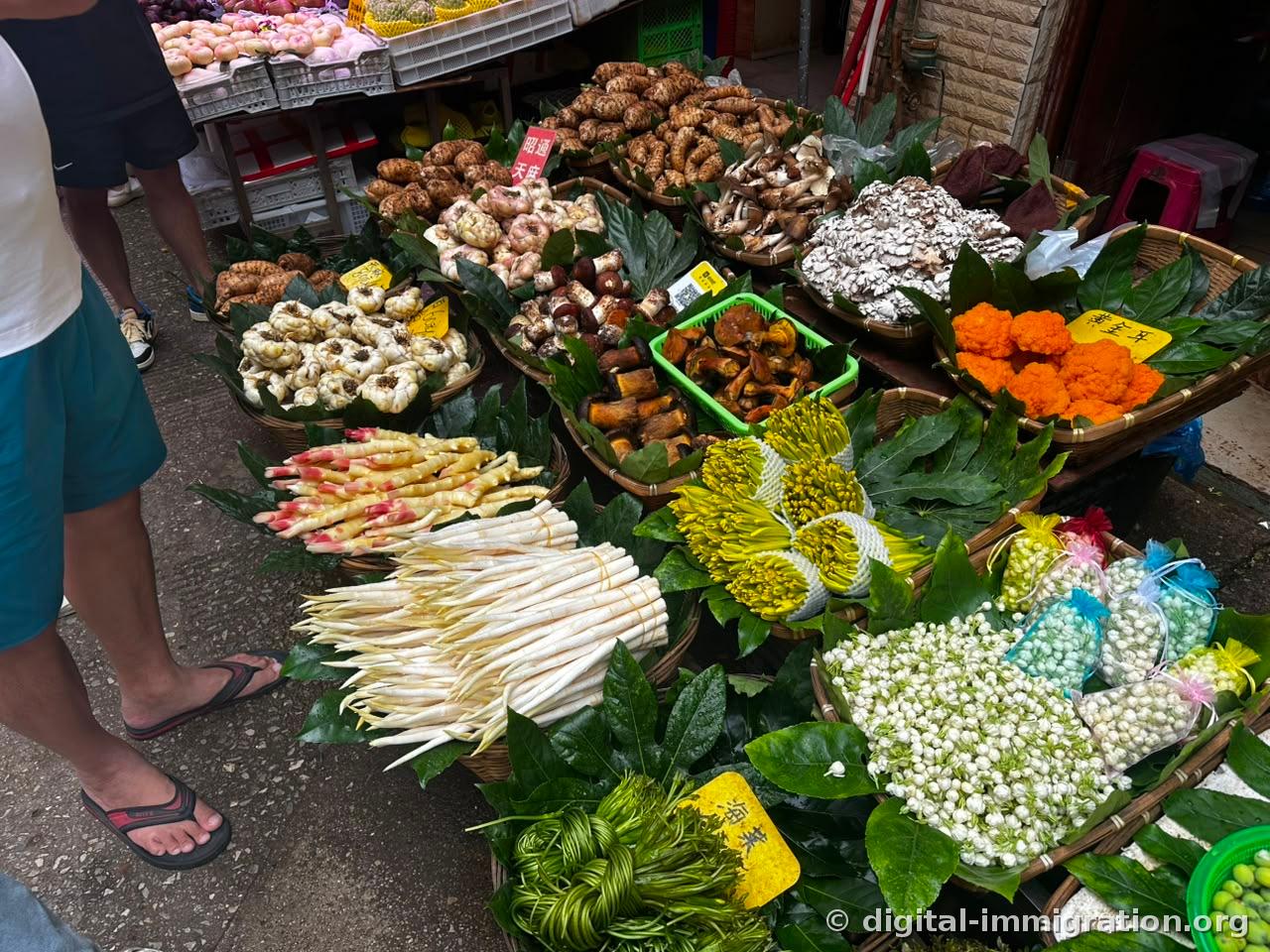 A street vendor's bamboo baskets arranged with gastrodia, various mushrooms, orange coral mushrooms, yellow squash blossoms tied with twine, bamboo shoots and jasmine buds