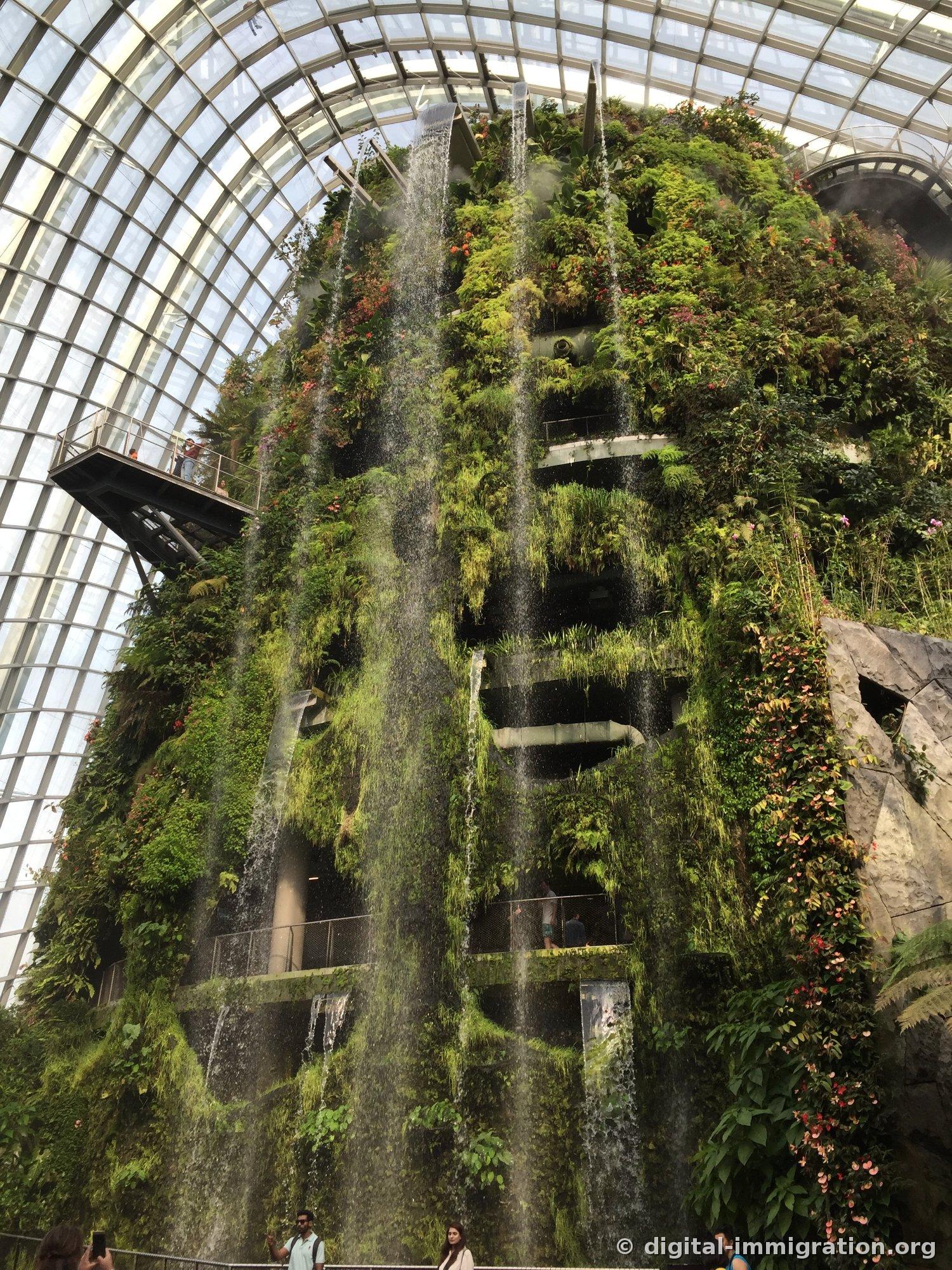 A massive waterfall cascading down in multiple streams from an artificial indoor mountain in the Cloud Forest, with ferns and red flowers covering the mountain surface