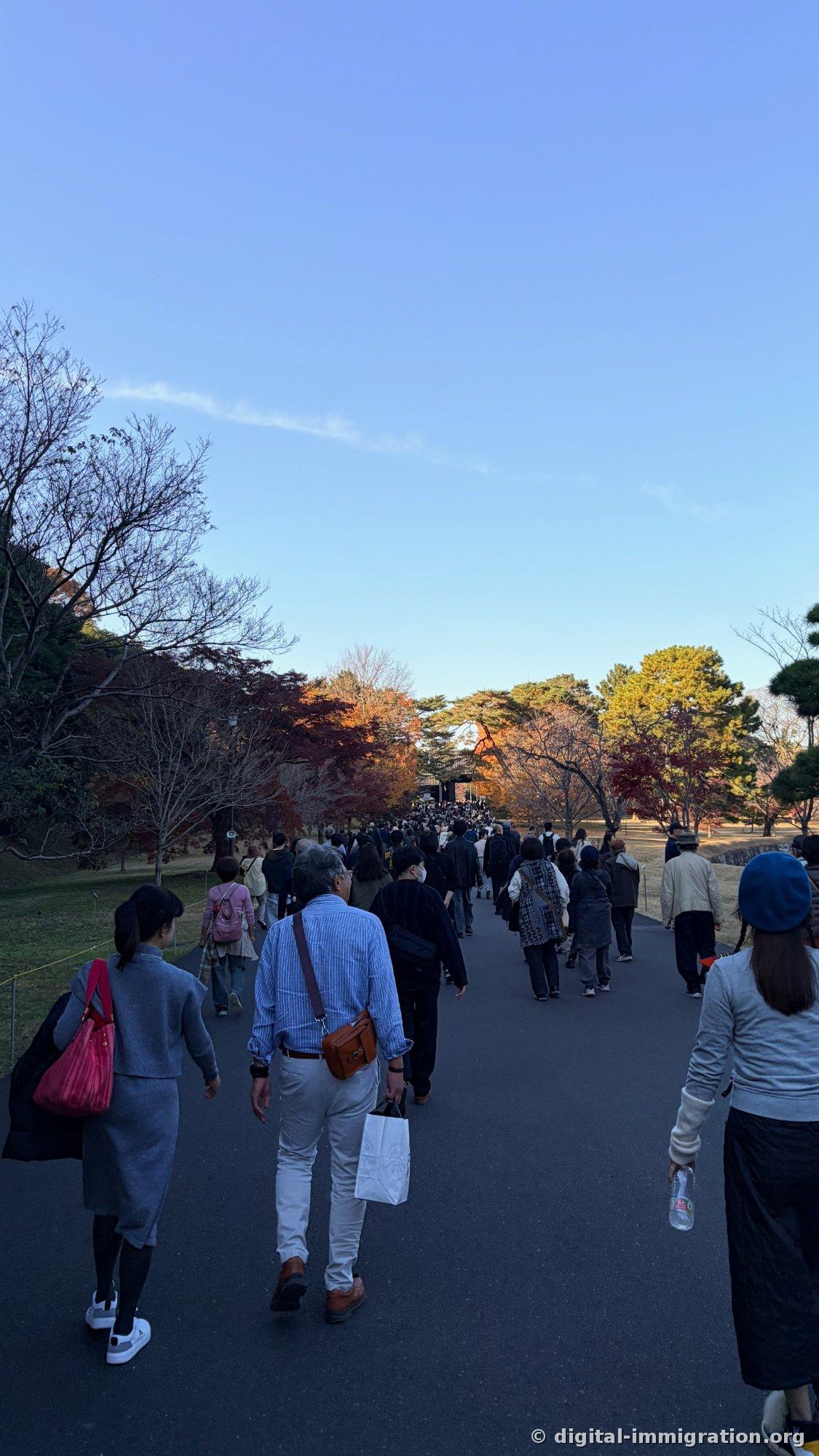 Beaucoup de gens marchent en file le long d'une large route asphaltée entre des arbres en automne