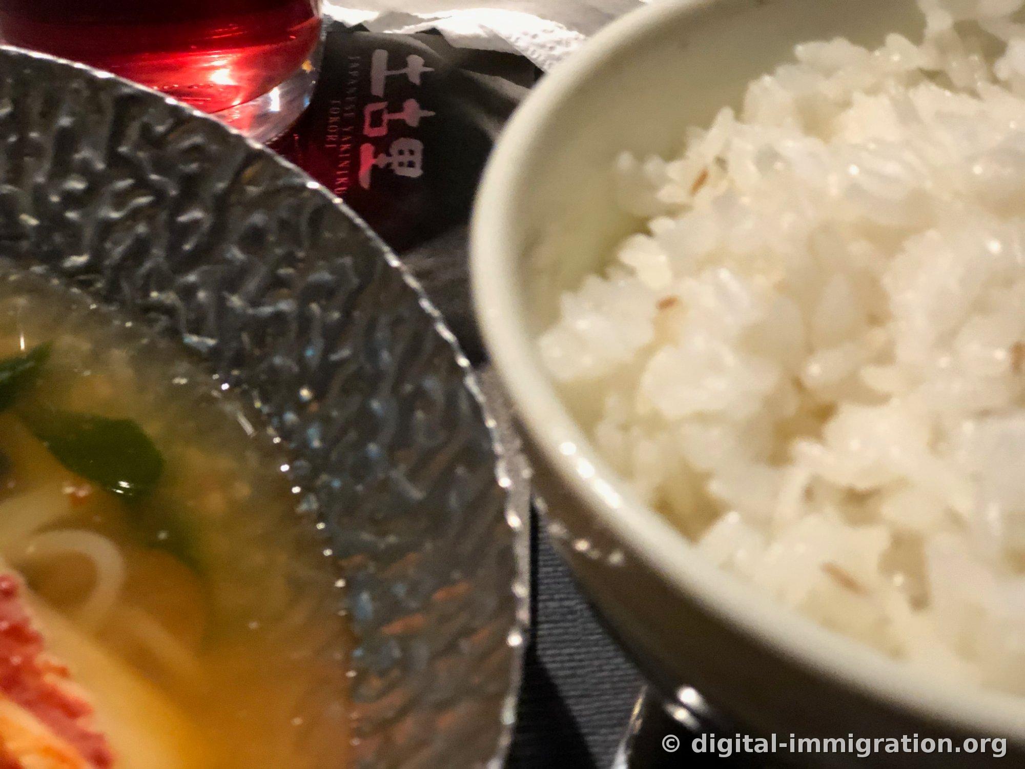 银色碗里装着加葱的味噌汤，旁边是白色碗里的米饭，后面的餐巾纸包装上印着JAPANESE YAKINIKU TOKORI的标志