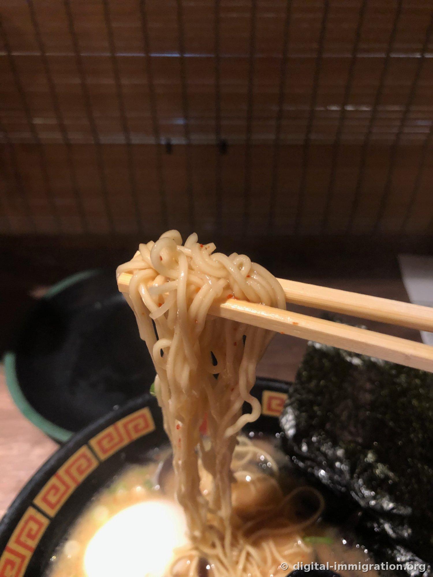Une portée de fines nouilles Hakata semen soulevées des baguettes et sortantes du bouillon