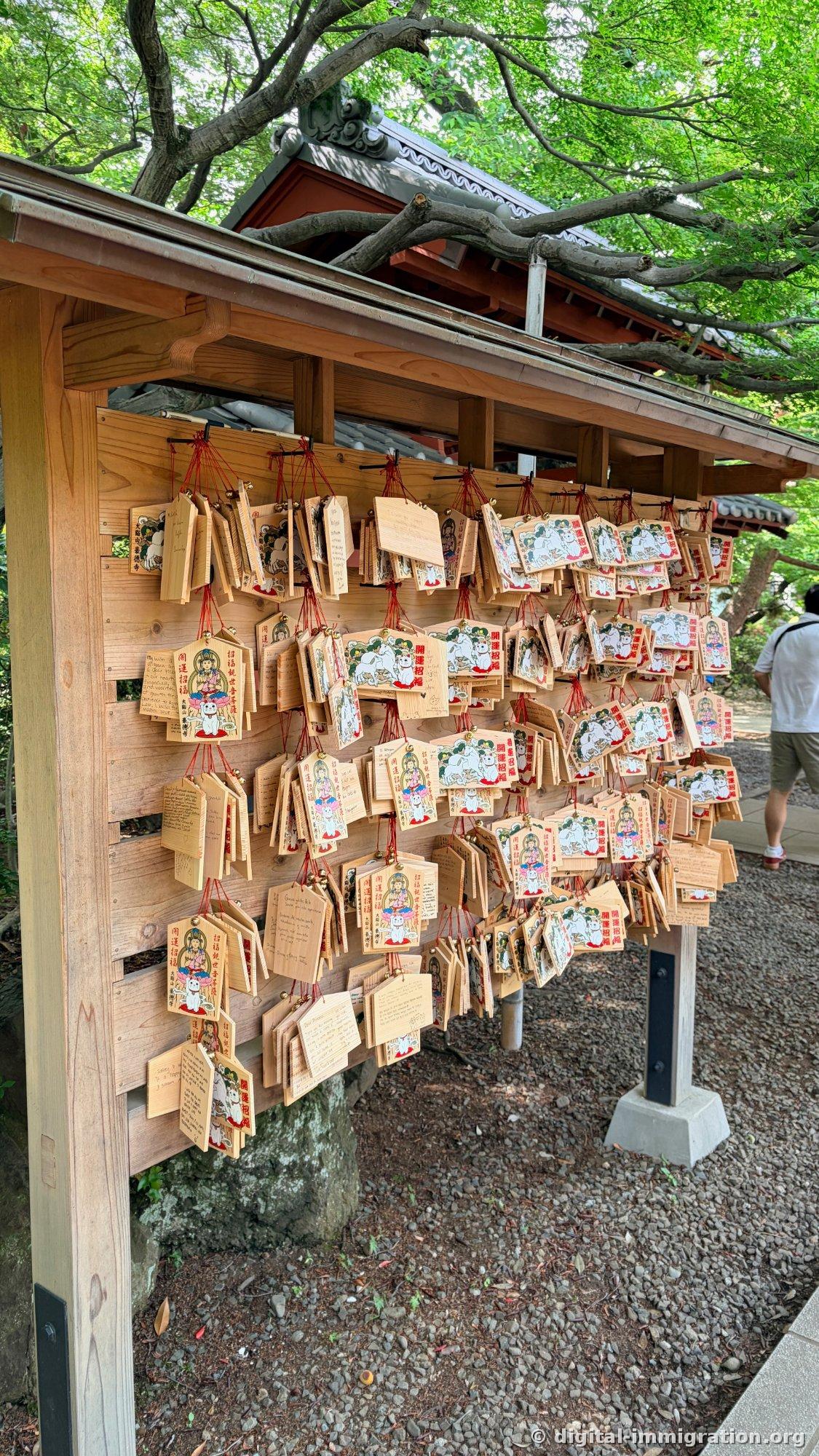 Dozens of cat-picture ema plaques hanging from red strings on a wooden stand, wishes written in multiple languages