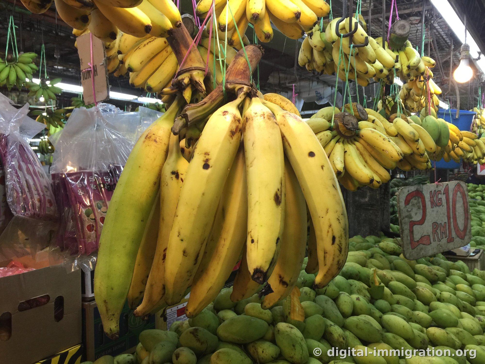 Yellow banana bunches hanging from ceiling hooks with colored strings, and a pile of green mangoes below, with a handwritten price sign reading '2KG RM10'