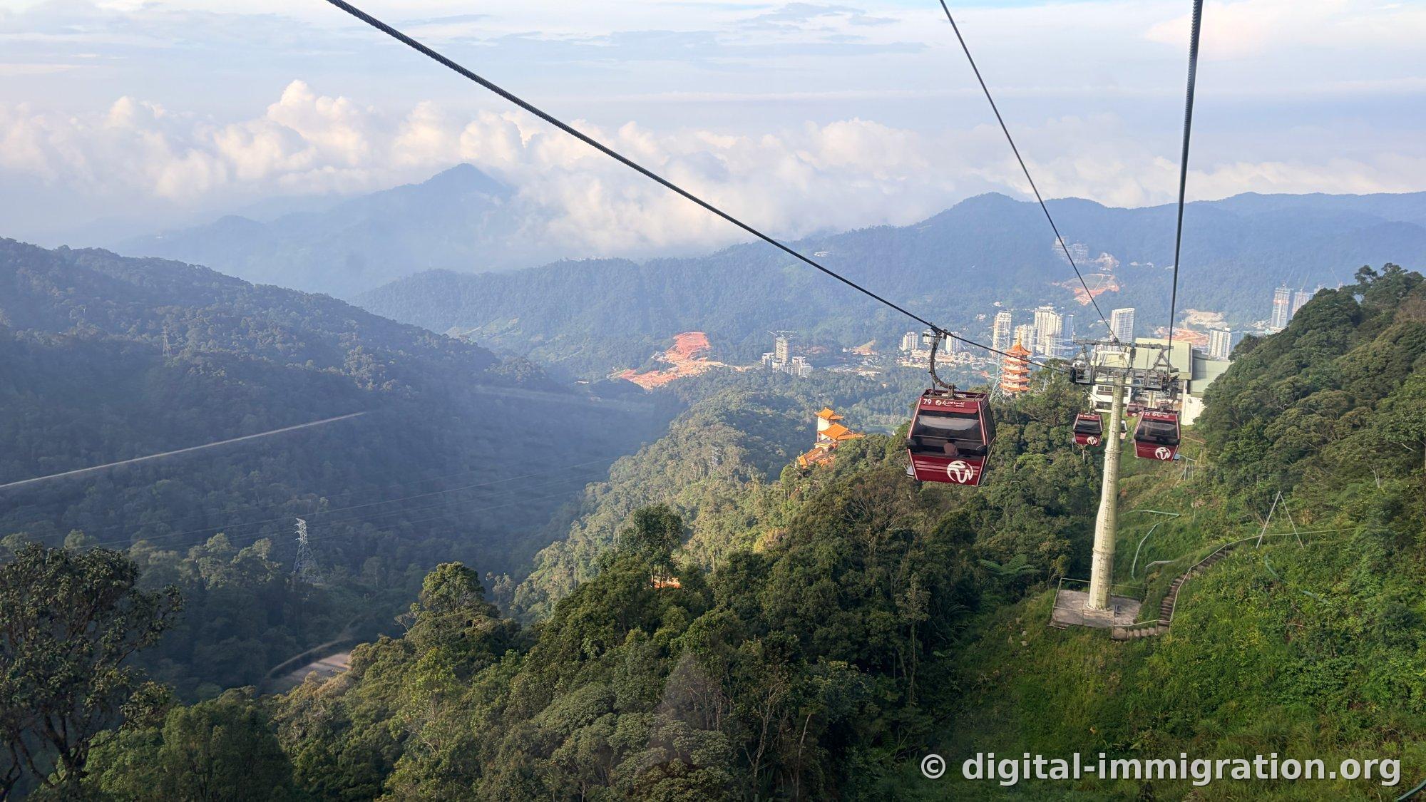 Panoramic cable car view with cloud-covered mountains and ridge with orange-roofed temple building, cabin 79 passing by