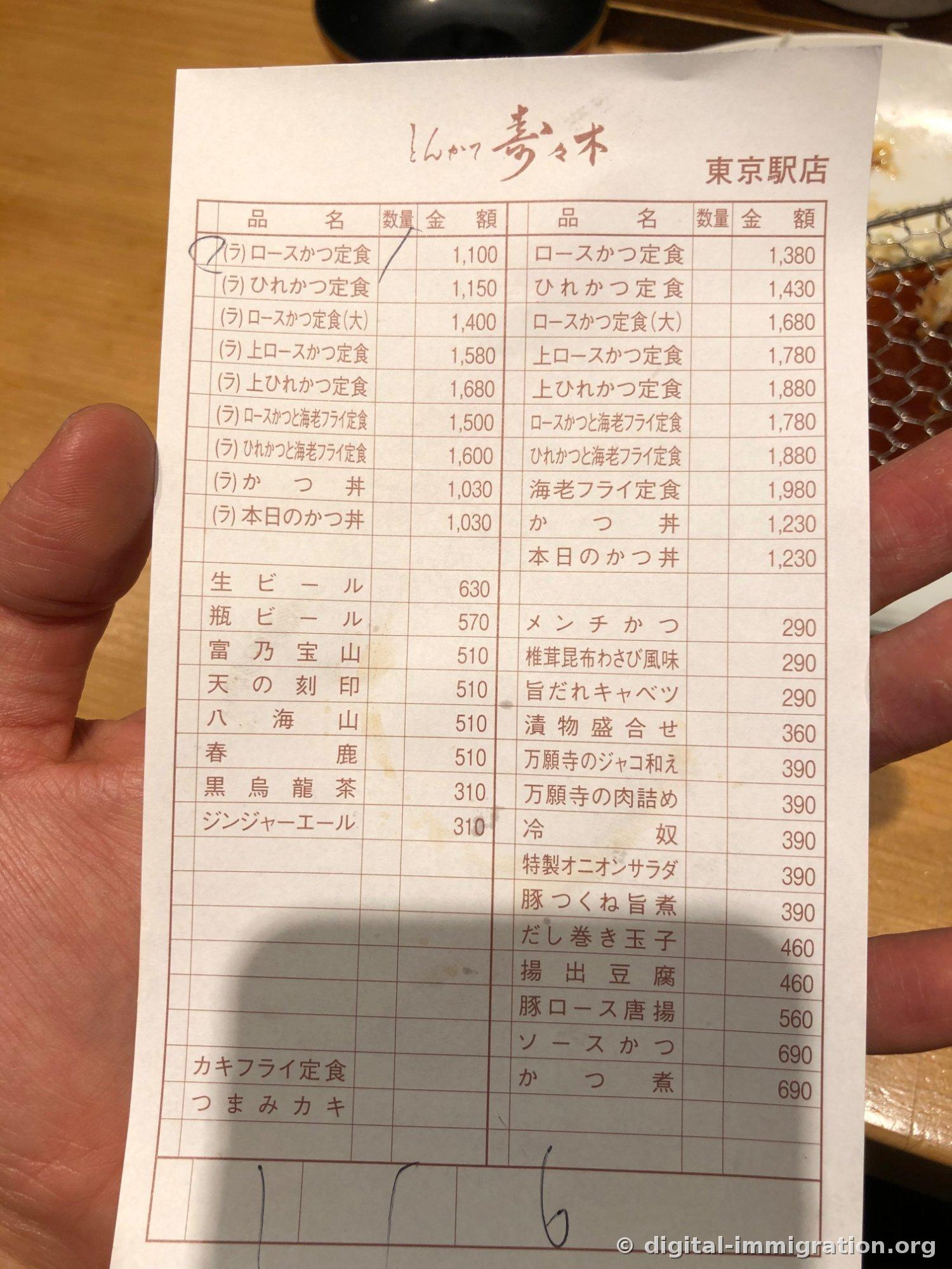 手里拿着印着'とんかつ 寿々木 東京駅店'的纸质订单单据拍照，午餐和一般价格分别在两列