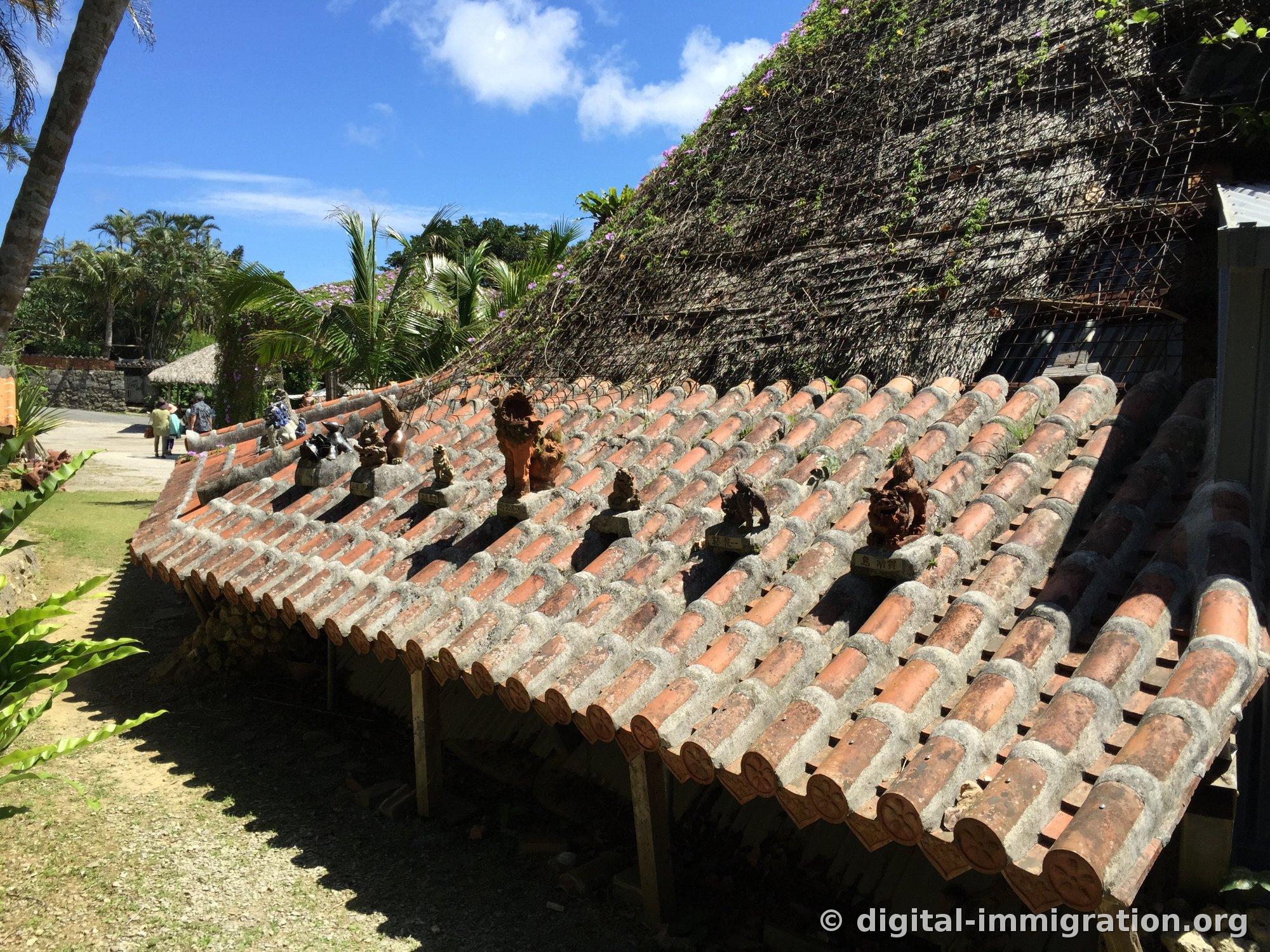 Sur le faîtage du toit de tuiles rouges, des statues de lion Shisa de différentes tailles et formes s'alignent, avec un toit de chaume en arrière-plan et des bougainvilliers grimpants