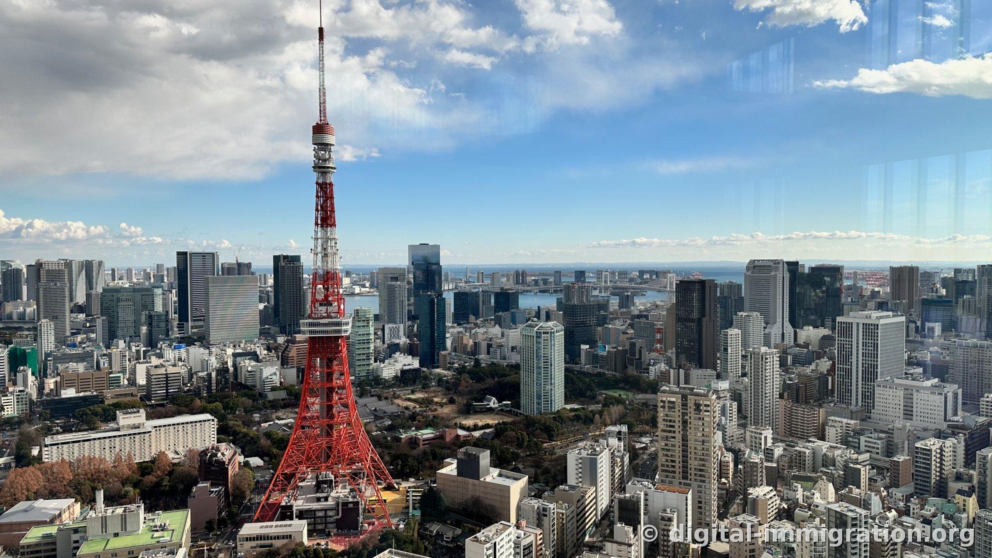 东京塔及其后方的东京湾、彩虹大桥，铺展开的港区市街全景
