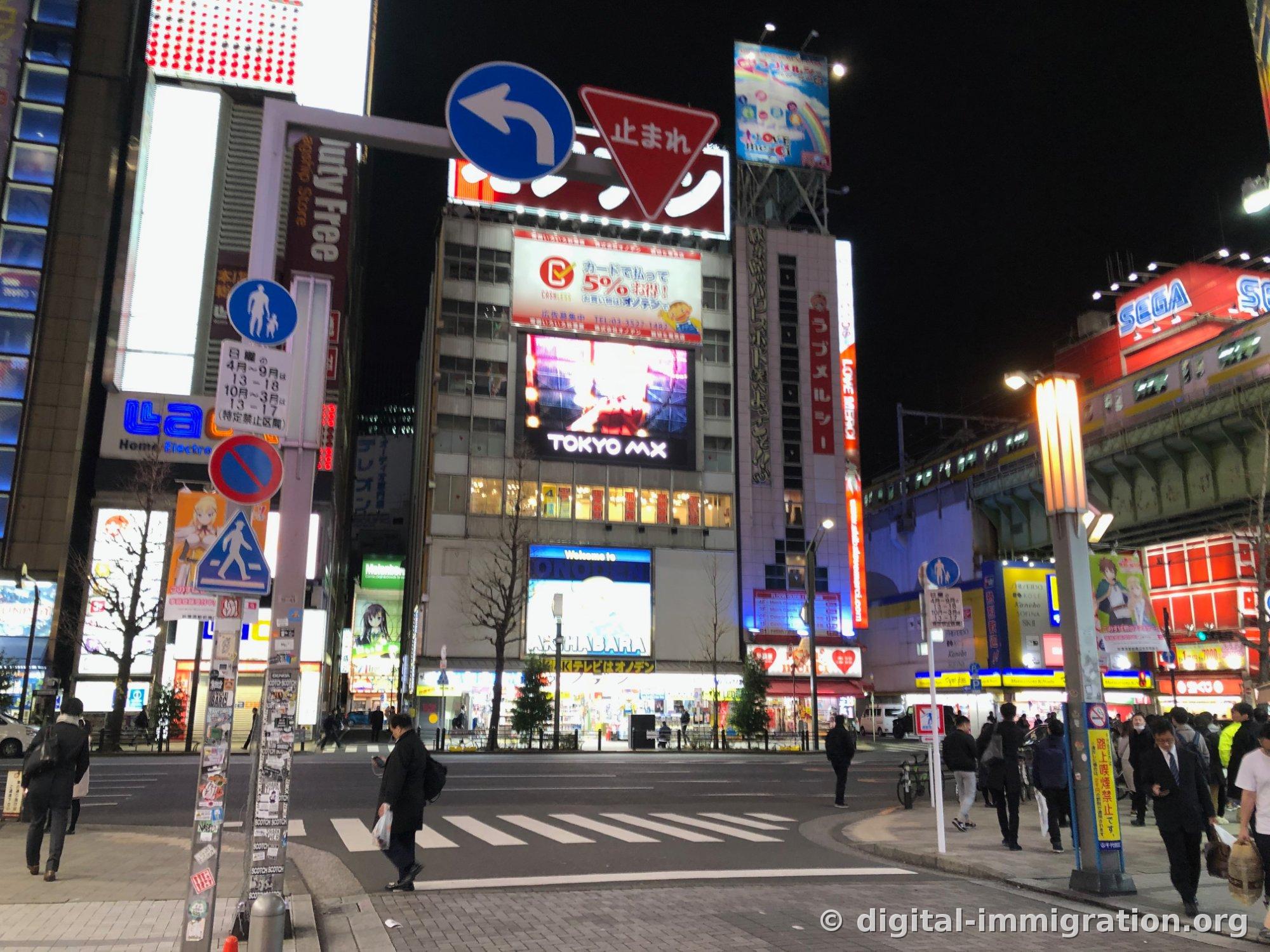 Night crosswalk view with TOKYO MX large screen, Onoden building, red SEGA sign on right, and elevated track