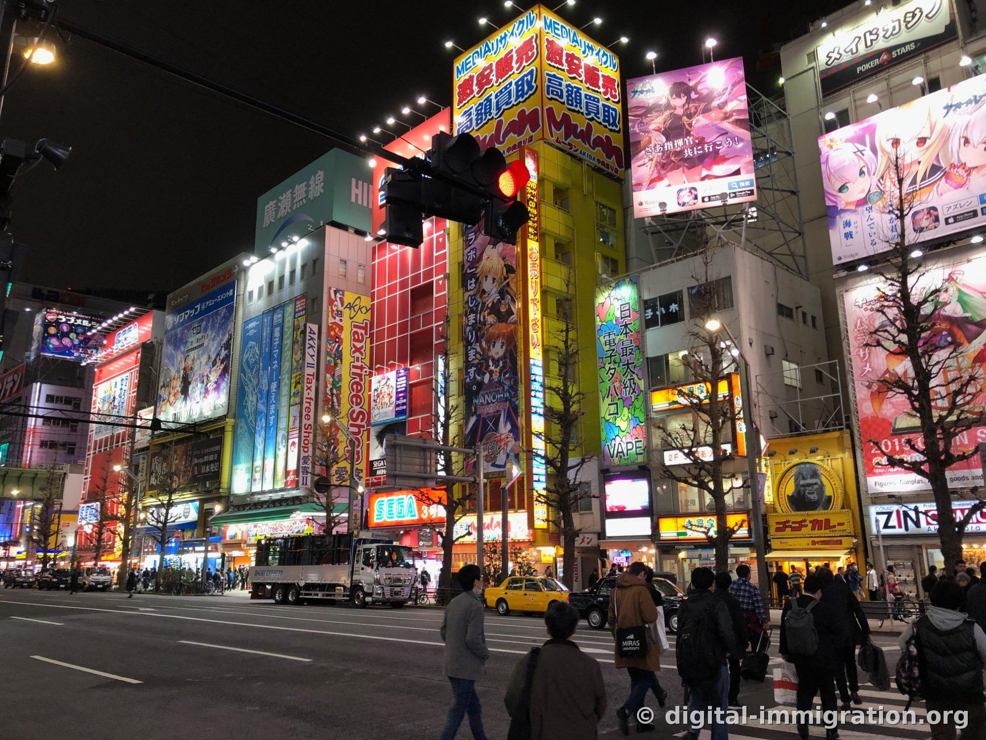 Night view of Akihabara intersection with yellow Mulan building, SEGA 3rd Branch neon, and Gogo Curry's gorilla sign