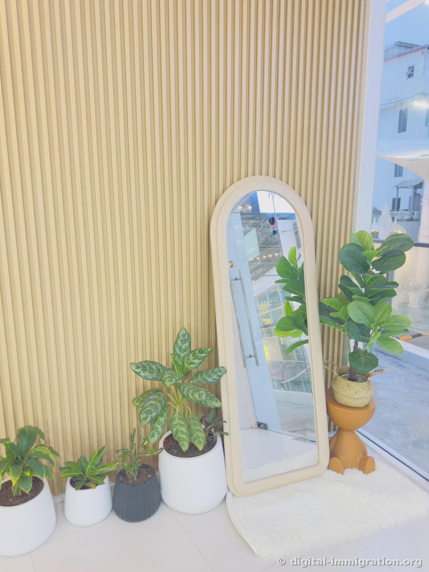 Arched full-length mirror in front of wooden louver wall with white rug and multiple potted plants on either side, building visible through right window