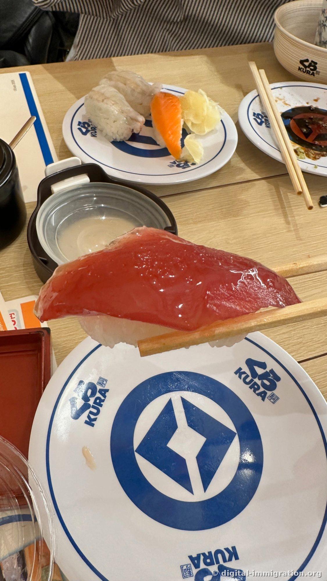 Sushi au thon foncé et brillant avec du gras, soulevé avec des baguettes. À l'arrière, l'assiette avec sushi au calmar et au saumon et du gingembre
