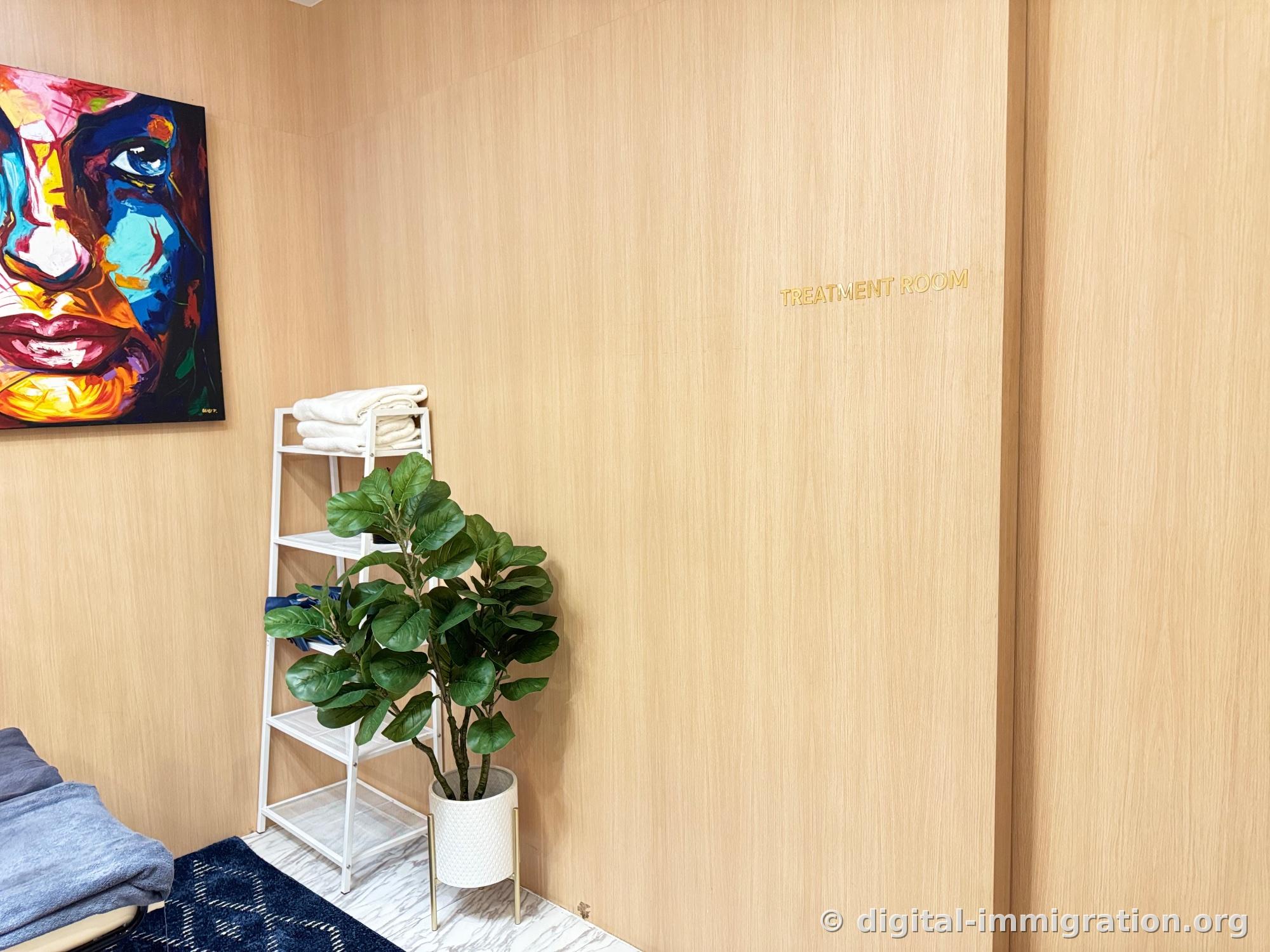 Individual treatment room entrance with 'TREATMENT ROOM' etched in gold letters on a wooden wall, towels on white shelf beside it, large potted plant and colorful face painting