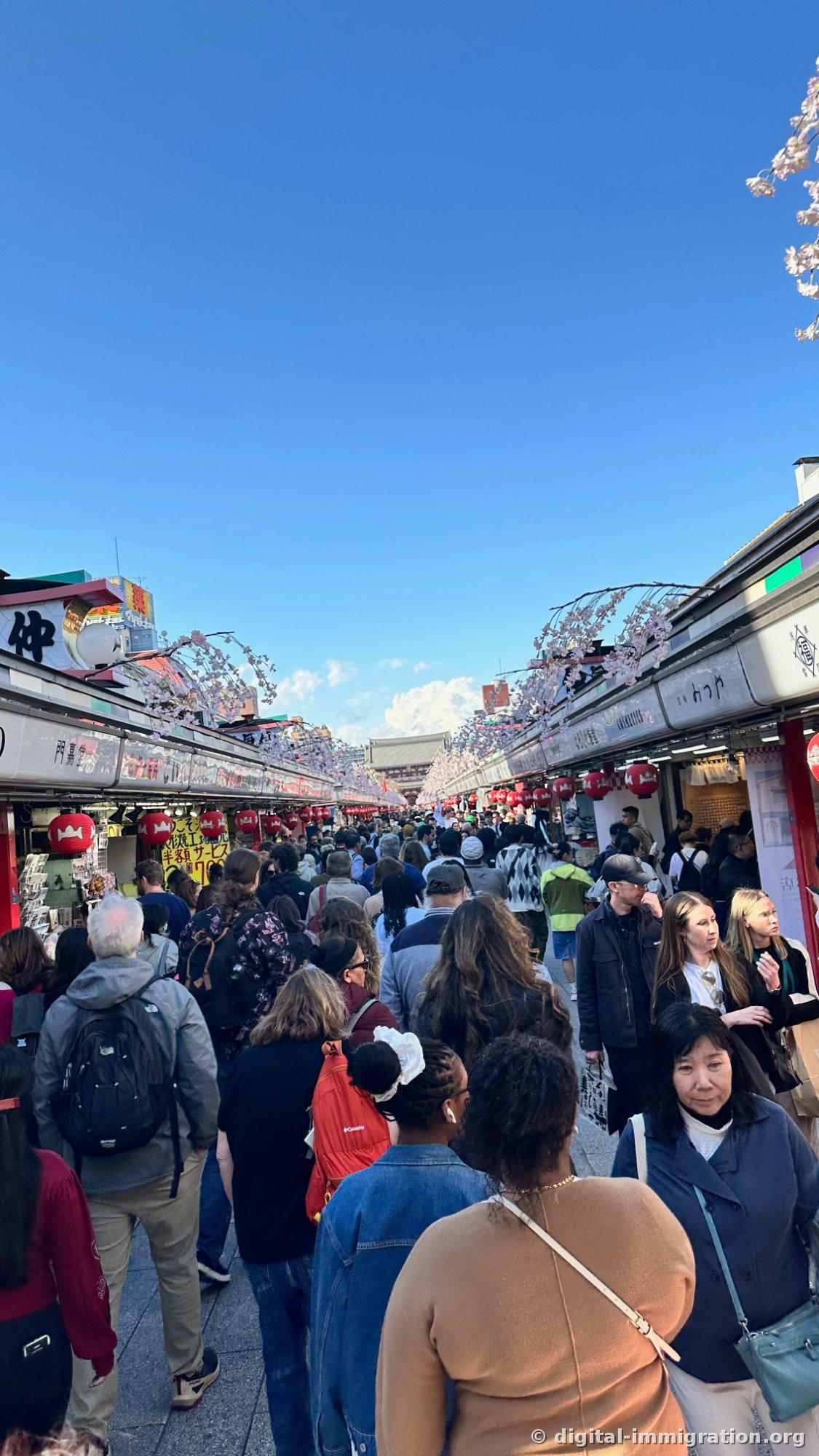 Nakamise Street packed with crowds, decorated with red lanterns and artificial cherry blossoms, with the Hozomon gate roof visible in the distance